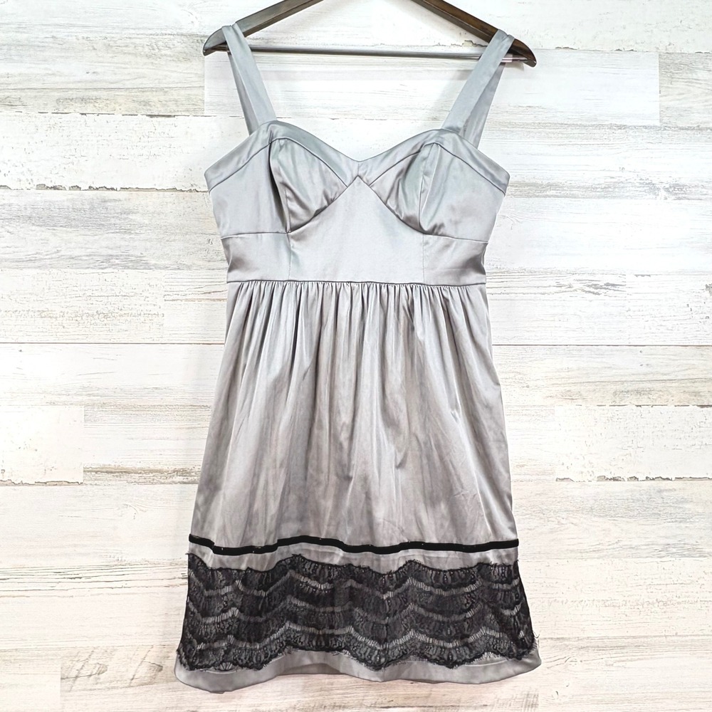 Johnnyβ Martin Satin Silver Grey Lace Trim Sweetheart Fit Flare Mini Dress M Y2K